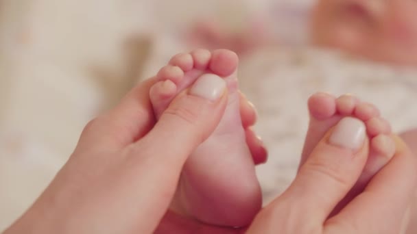 抱着和爱抚着婴儿纤细的脚 象征着温暖的家与家庭的温馨联系 — 图库视频影像