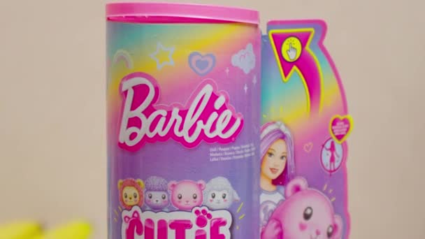 Tyumen Russia March 2024 Barbie Tematický Produkt Ikonickým Logem Barbie — Stock video
