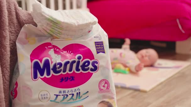 Tyumen Russia March 2024 Merries Diapers Casually Placed Top Wooden — Stock video