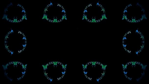 黑色背景上的蓝色花纹和蝴蝶的密闭框架 — 图库视频影像