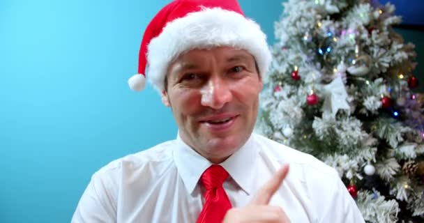 Portrait Serious Dad Middle Aged Christmas Hat Santa Claus Man — Stock Video
