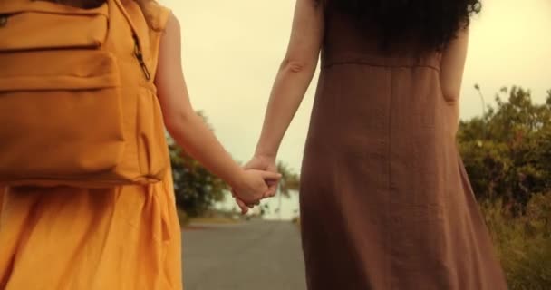 Glückliche Familienmütter Und Töchter Gehen Hand Hand Durch Den Park — Stockvideo