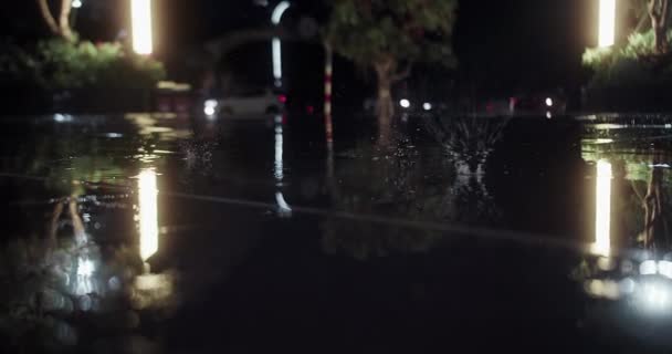 Close Noite Gotas Verão Outono Chuva Cair Sobre Asfalto Cidade — Vídeo de Stock