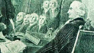 Makro desenli banknotlar 100, 50, 20, 10 Amerikan doları civarında çekildi. Nakit para banknotları. Franklins, Jackson ve Hamilton yüz dokusu, USD nakit makro görünümü