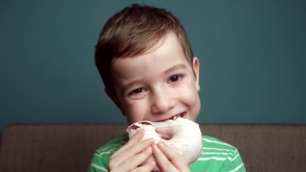 Retrato Niño Feliz Años Edad Come Una Rosquilla Postre Dulce — Vídeos de Stock