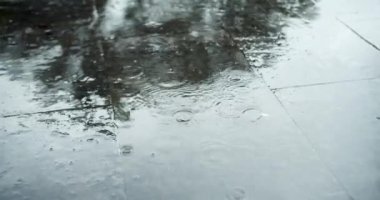 Şiddetli yağmurda arabaları ve motosikletleri geçmek. Büyük yaz veya sonbahar yağmurları şehrin asfaltına düşer, büyük su birikintisine dönüşür, sokakları sel basar.