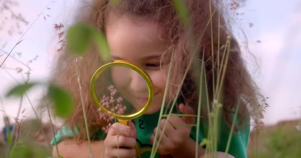 快乐的小女孩微笑着透过放大镜看大自然 那孩子在公园的草地上做梦 快乐可爱的宝贝 宝宝的微笑和看着相机 — 图库视频影像