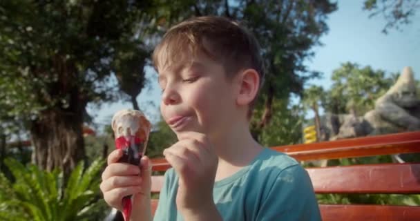 Tatlı Bir Çocuk Yaz Boyunca Lezzetli Bir Dondurma Külahının Tadını — Stok video