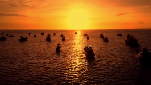 Drönare Bilder Flera Hundra Azmatiska Fiskebåtar Vid Solnedgången Antenn Syn — Stockvideo