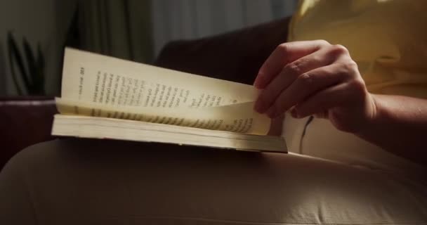 Genç Kadın Rahat Oturma Odasında Kitap Okuyor Sayfayı Çeviriyor Öğreniyor — Stok video