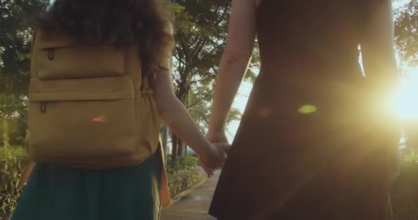 Mutlu Aile Annesi Kızı Yol Boyunca Parktan Geçerek Ele Okula — Stok video