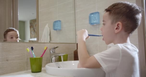 浴室の肖像画幸せなかわいい子供の歯をブラッシングし 赤ん坊の毎日のヘルスケアルーチン 白人の子供は家で鏡を見てブラッシング ライフスタイル — ストック動画