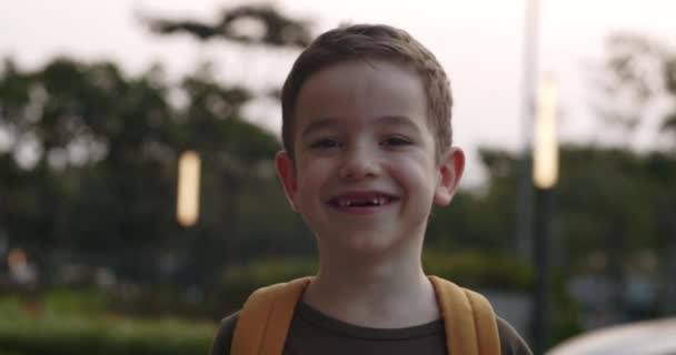 肖像幸せな学校の少年 笑顔の学校の少年 リュックを持つ小さな男の子のハンサムな 単独で日当たりの良い通りの屋外に立って かなり顔の小学校1年生4 — ストック動画