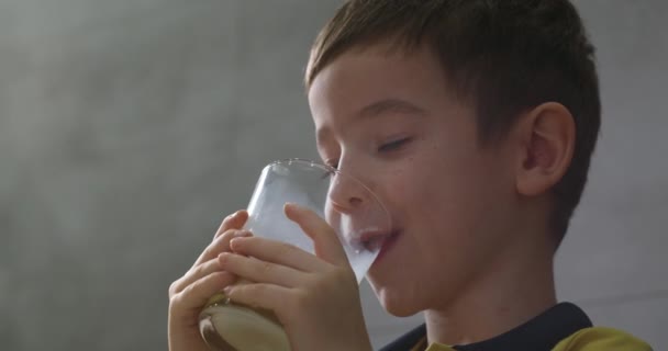 Glad Leende Barn Dricka Mjölk Friska Äta Ett Barn Äta — Stockvideo
