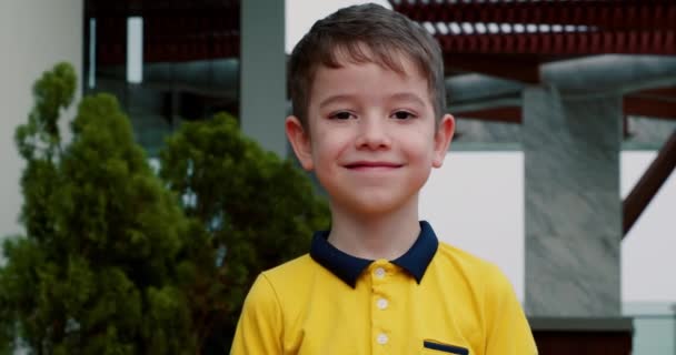 Щасливий Хлопчик Стоїть Вулиці Місті Літній День Хлопчик Стикається Парку — стокове відео
