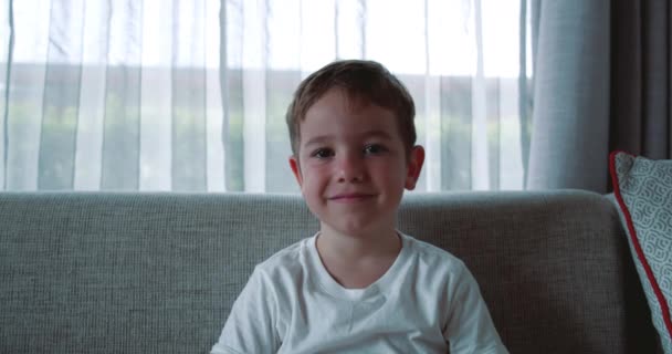 Πορτρέτο Όμορφο Μικρό Αγόρι Χαμογελαστό Παιδί Κοιτάζει Κάμερα Κάθεται Στον — Αρχείο Βίντεο