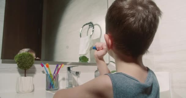 Portrait Heureux Mignon Jeune Enfant Brossant Les Dents Dans Salle — Video