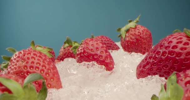 甘い赤いイチゴは白い氷の液体にあります 非常にクローズアップ 詳細なマクロ 手は煙の中で乾燥した氷の上に赤いイチゴを取る — ストック動画