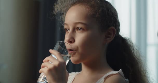Menina Bonito Bebendo Vidro Fresco Transparente Pura Água Mineral Filtrada — Vídeo de Stock
