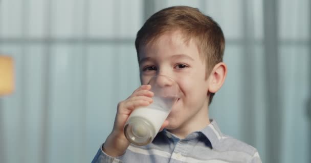 젖먹이가 우유를 마시는 아이가 식사를 개념이다 부엌에 요구르트 우유를 마시고 — 비디오