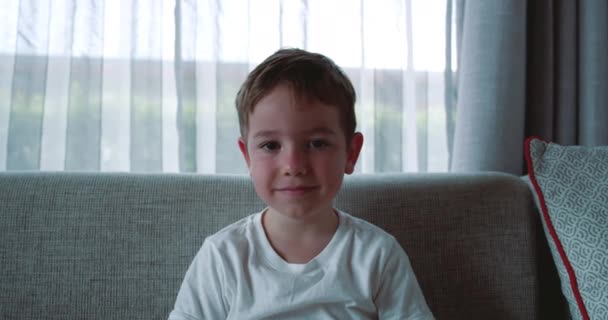 Портрет Гарний Маленький Хлопчик Усміхнений Дитина Дивиться Камеру Сидить Дивані — стокове відео