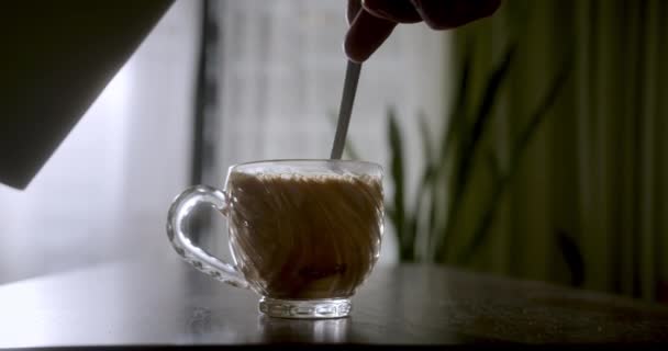 Mug Coffee Hand Person Stirs Coffee Foamy Foam Stirring Coffee — Stock Video