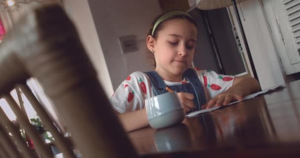 Portrait Little Girl Nettes Grundschulkind Von Jahren Hause Sitzt Entspannt — Stockvideo