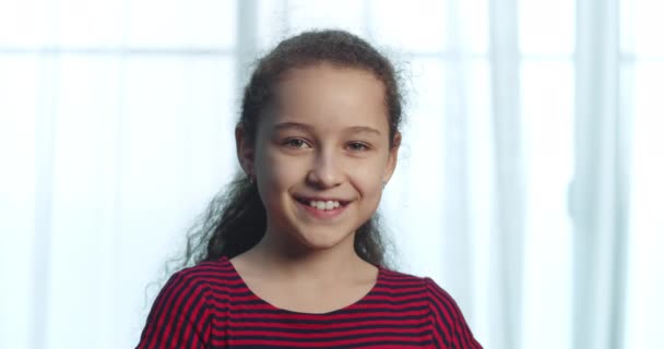 Portrait Caucasian Happy Satisfied Blonde Girl Little Positive Child Kid — Stock Video