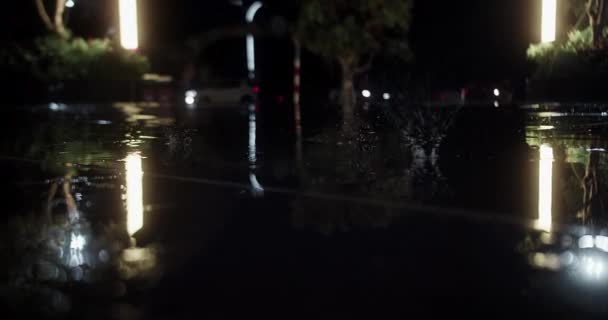 Close Noite Gotas Verão Outono Chuva Cair Sobre Asfalto Cidade — Vídeo de Stock