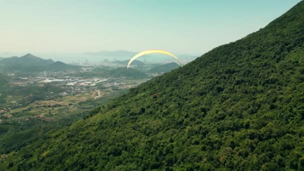 Paraglider Vliegt Toppen Van Bomen Extreme Actieve Rust Instructeur Met — Stockvideo