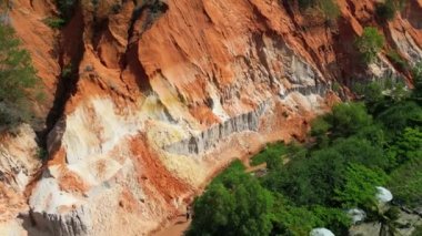 Ağaçlı turuncu kanyonun üst manzarası, dağlarda turuncu arazi, yavaş çekim drone dönüşü. 4K.