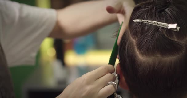 美容師は ヘアコームとヘアマシンとヘアスタイルを作ります — ストック動画