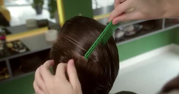 Coafeza Umezește Părul Spray Pieptănă Bărbat Elegant Stă Frizerie Coafeză — Videoclip de stoc