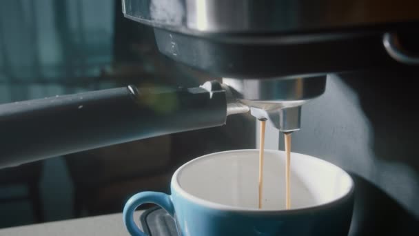 Kahve Makinesinden Fincana Kahve Dökülüyor Yapımı Sıcak Espresso Filtre Tutacağı — Stok video