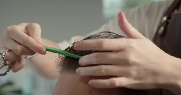 Hairdresser Wets Hair Spray Combs Stylish Man Sitting Barbershop Hairdresser — Stock Video