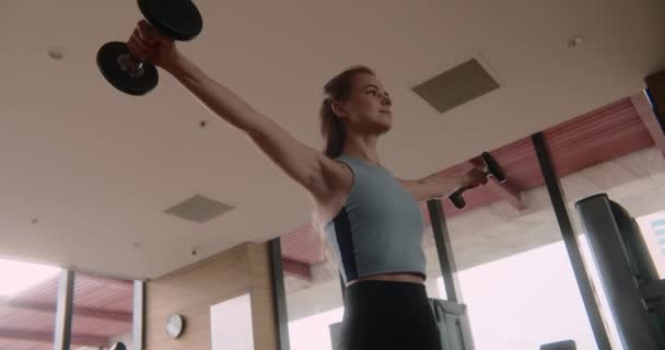 Mixed Race Bodybuilder Female Lifting Dumbbells Breathing Training Shoulders Portrait — Stock Video