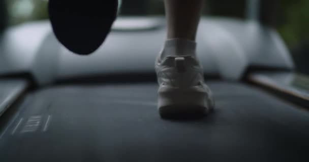 Закройте Спортивную Обувь Женщина Мускулистые Ноги Время Бега Беговой Дорожке — стоковое видео
