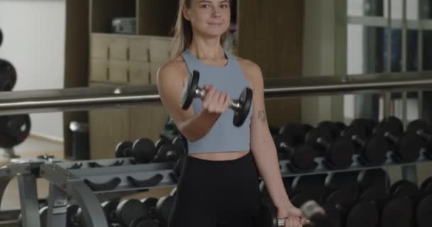 Fitness Girl Lifts Weights Sports Club Woman Performs Strength Exercises — Stock Video