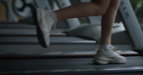 Κοντινό Πλάνο Αθλητικά Παπούτσια Γυναίκα Μυώδη Πόδια Κατά Διάρκεια Λειτουργίας — Αρχείο Βίντεο