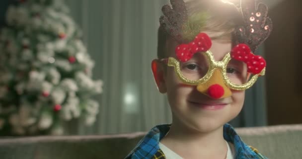 Portret Dziecka Świątecznych Okularach Bożonarodzeniowych Piękny Portret Uśmiechniętej Dziewczyny Siedzącej — Wideo stockowe