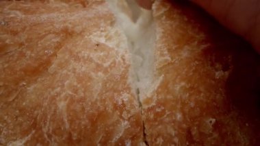 Macro dolly taze ekmek kırıyor. Yavaş hareket. Taze pişmiş ekşi ekmek, fırından yeni çıkmış sıcak ekmek, fırından yeni çıkmış, kapat..