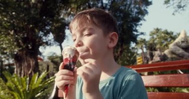 Tatlı bir çocuk yaz boyunca lezzetli bir dondurma külahının tadını çıkarır. Şehir parkında yürüyüş yapan dondurmalı bir çocuk. Dondurma yiyen küçük kızın yakın plan portresi. Çocuk dondurma yalıyor..