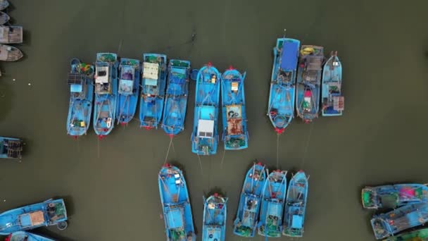 数十隻のアジア漁船の海岸からのドローンビューからの映像 ネスの巨大な漁船の空中ビューは ベトナム中央部に魚介類をもたらします — ストック動画