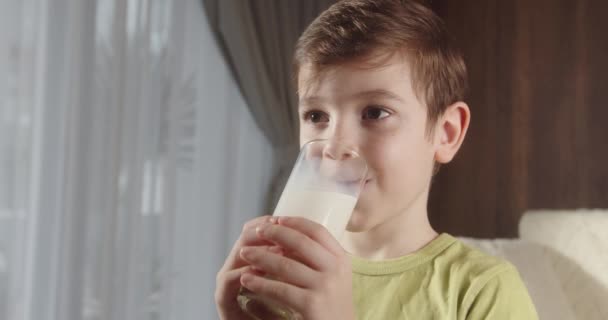 开心的微笑孩子喝牛奶 健康饮食儿童吃早餐儿童梦想的概念 客厅里的儿子小男孩喝酸奶牛奶 舔她的嘴唇 积极的孩子笑着吃早饭 — 图库视频影像