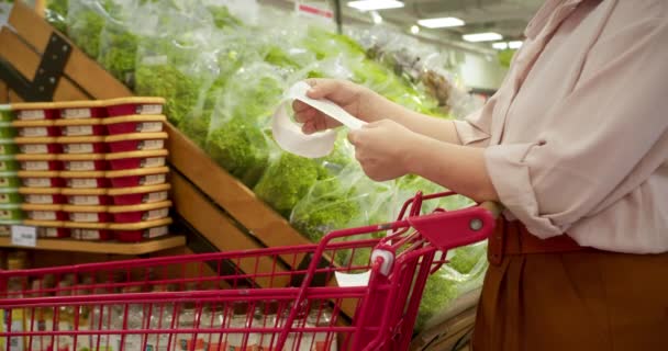 식료품점 카트를 야채의 배경에 여자는 식료품 카트에서 청구서를 쇼핑몰에서 식료품에 — 비디오