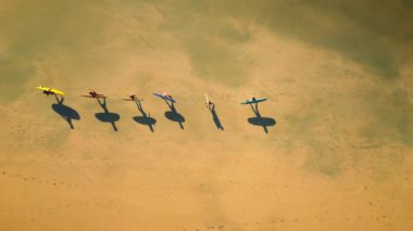 Gün batımında sörfçüler ellerinde tahtalarla yürüyorlar. Büyük dalgalarda sörf yapmak için sahildeki okyanusa doğru yürüyen maceraperest grubun üst hava görüntüsü. Dalgalı sörfçüler..