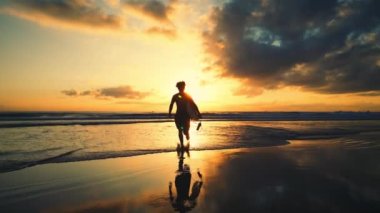 Elinde uzun tahta olan bir erkek sörfçü. Uzun sörf tahtası taşıyan ve sıcak okyanus suyunda koşan bir adam. Turuncu yaz günbatımı. Macera ruhu başarı başarı özgürlük konsepti. Siluet seksi erkek