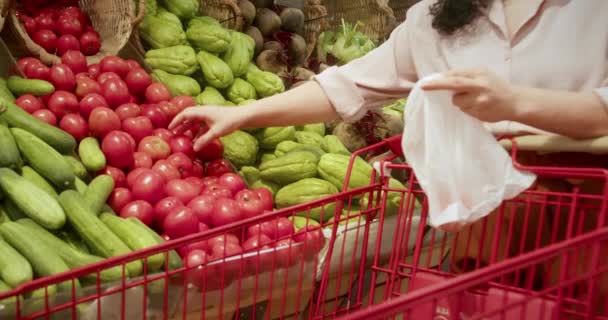 Όμορφη Νεαρή Καστανή Γυναίκα Αγοράζει Φαγητό Ντομάτες Στην Αγορά Στο — Αρχείο Βίντεο