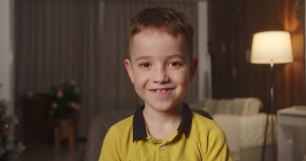 Portrait Drôle Petit Garçon Souriant Enfant Regardant Caméra Sont Assis — Video