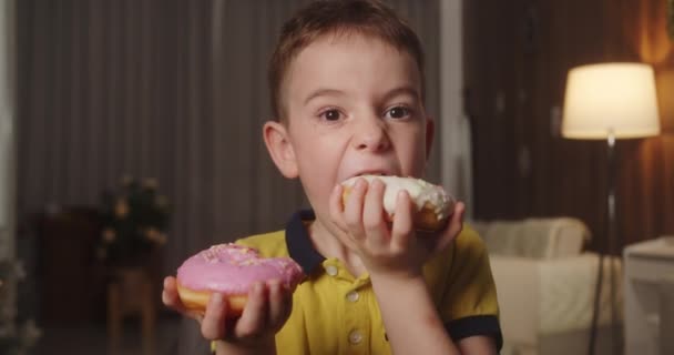Caucasian子6歳は釉薬で食欲をそそる甘いデザートを食べます 陽気な少年は甘いドーナツを食べる 子供の口の近くに甘いペストリーを食べている — ストック動画